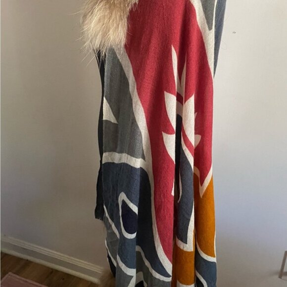 Colorful Cashmere Fur Trimmed Shawl - Picture 2 of 6